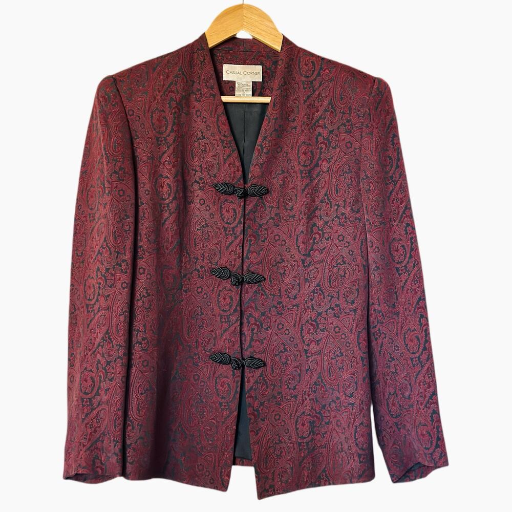 Vintage CASUAL CORNER Women’s 8 Floral Burgundy Jacquard Asian Tang Suit Jacket